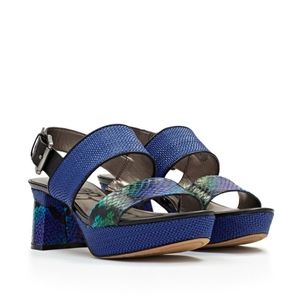 Sam Edelman Keira Leather Platform Sandal Blue Swamp Woven Chunky Heel